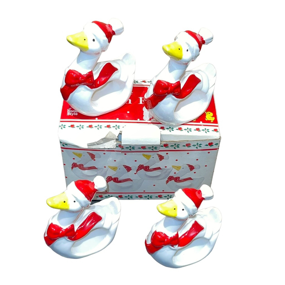 Vintage Ceramic Christmas‎ Goose Napkin Rings w/Red Hat & Neck Bow Set Of 4 EUC
